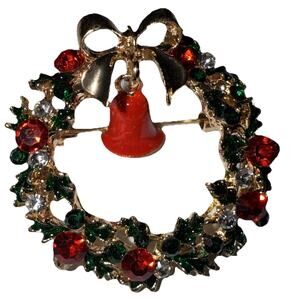 NWT Goldtone Christmas Wreath Brooch Pin Red Bell Crystal Rhinestone Red Green